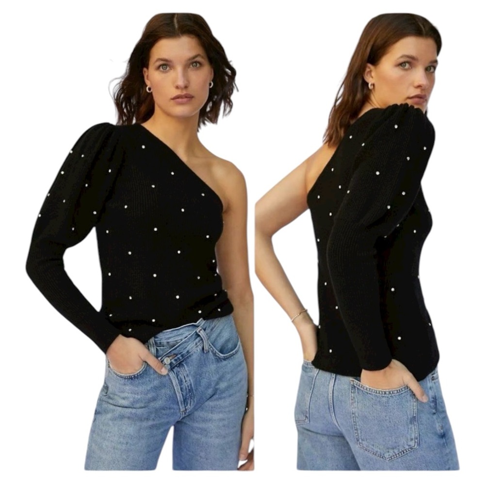 Anthropologie One Shoulder Jewel Embellished Sweater in Black Silver Size Small